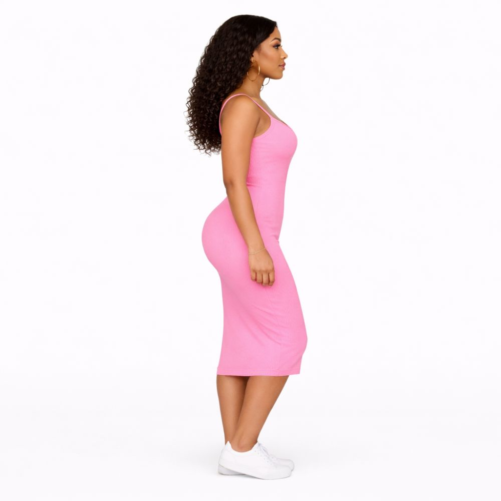 Pink Ribbed Spaghetti Strap Bodycon Midi Dress